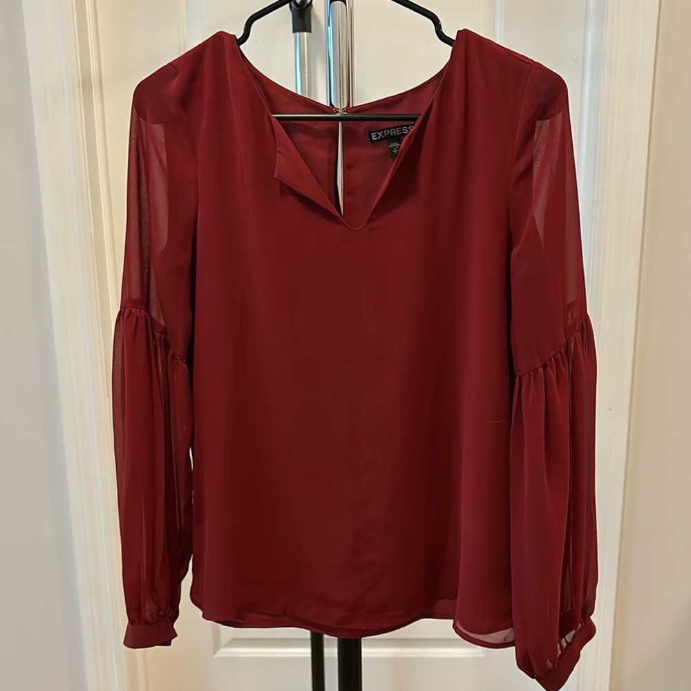 Express burgundy blouse with sheer sleeves